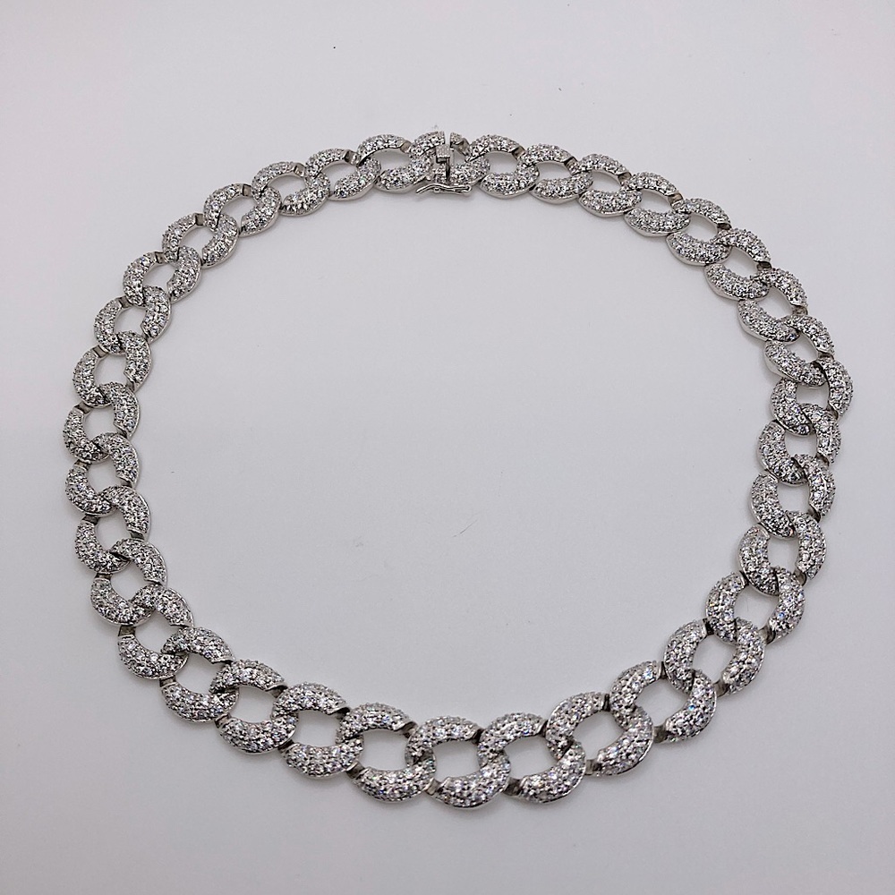 Iced Out CZ Silver Tone Cuban Link Statement Necklace Slide Clasp 17” L / .6” W